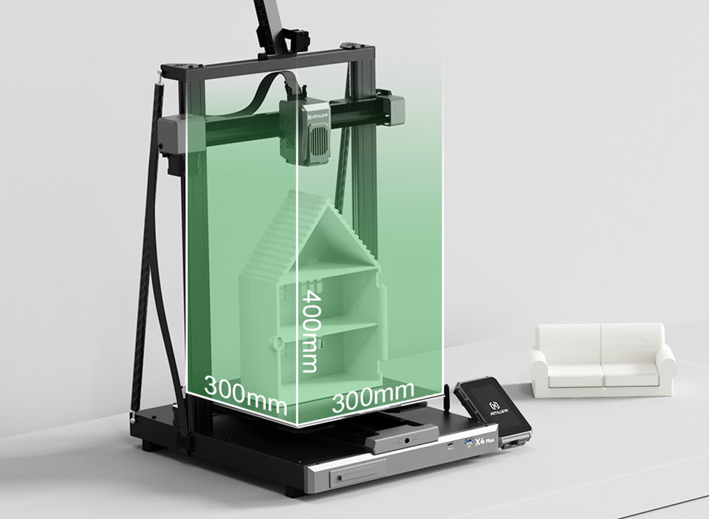 Impresora 3D Artillery Sidewinder X4 Plus S1, 300*300*400mm, velocidad de impresión 500mm/s, impresión a alta temperatura 300℃, guía lineal metálica XY, nivelación automática, ventiladores de refrigeración eficientes de 8000 rpm.