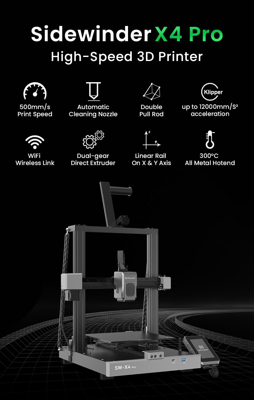 Impresora 3D Artillery Sidewinder X4 Pro, 240*240*260mm, velocidad de impresión 500mm/s, riel lineal eje X e Y, extrusor de accionamiento directo, nivelación automática de 81 puntos, doble varilla de tracción, boquilla de limpieza automática.
