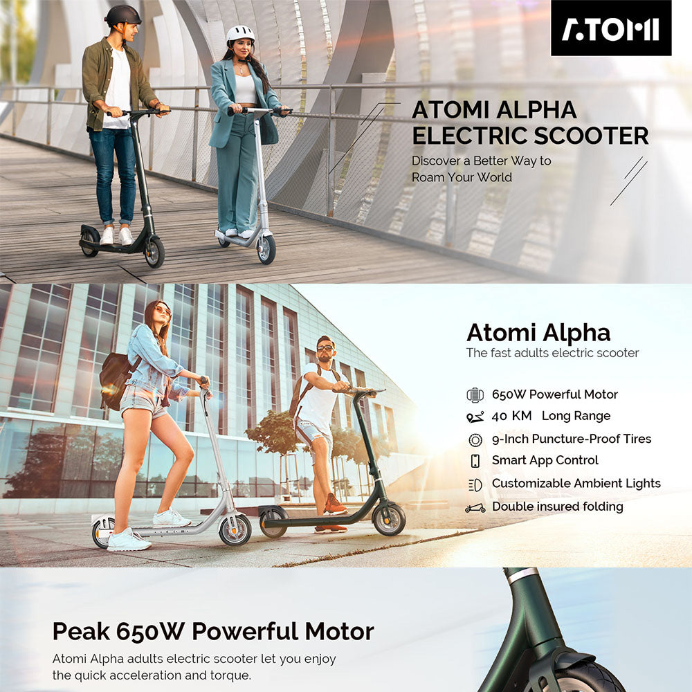 Patinete Eléctrico Atomi Alpha, neumáticos de 9 pulgadas, motor de 650 W, batería de 36 V y 10 Ah para una autonomía de 25 millas, velocidad máxima de 25 km/h, carga máxima de 120 kg, compatible con control por aplicación - Blanco