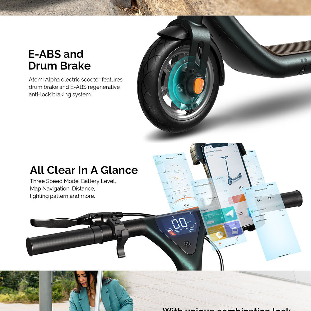 Patinete Eléctrico Atomi Alpha, neumáticos de 9 pulgadas, motor de 650 W, batería de 36 V y 10 Ah para una autonomía de 25 millas, velocidad máxima de 25 km/h, carga máxima de 120 kg, compatible con control por aplicación - Blanco