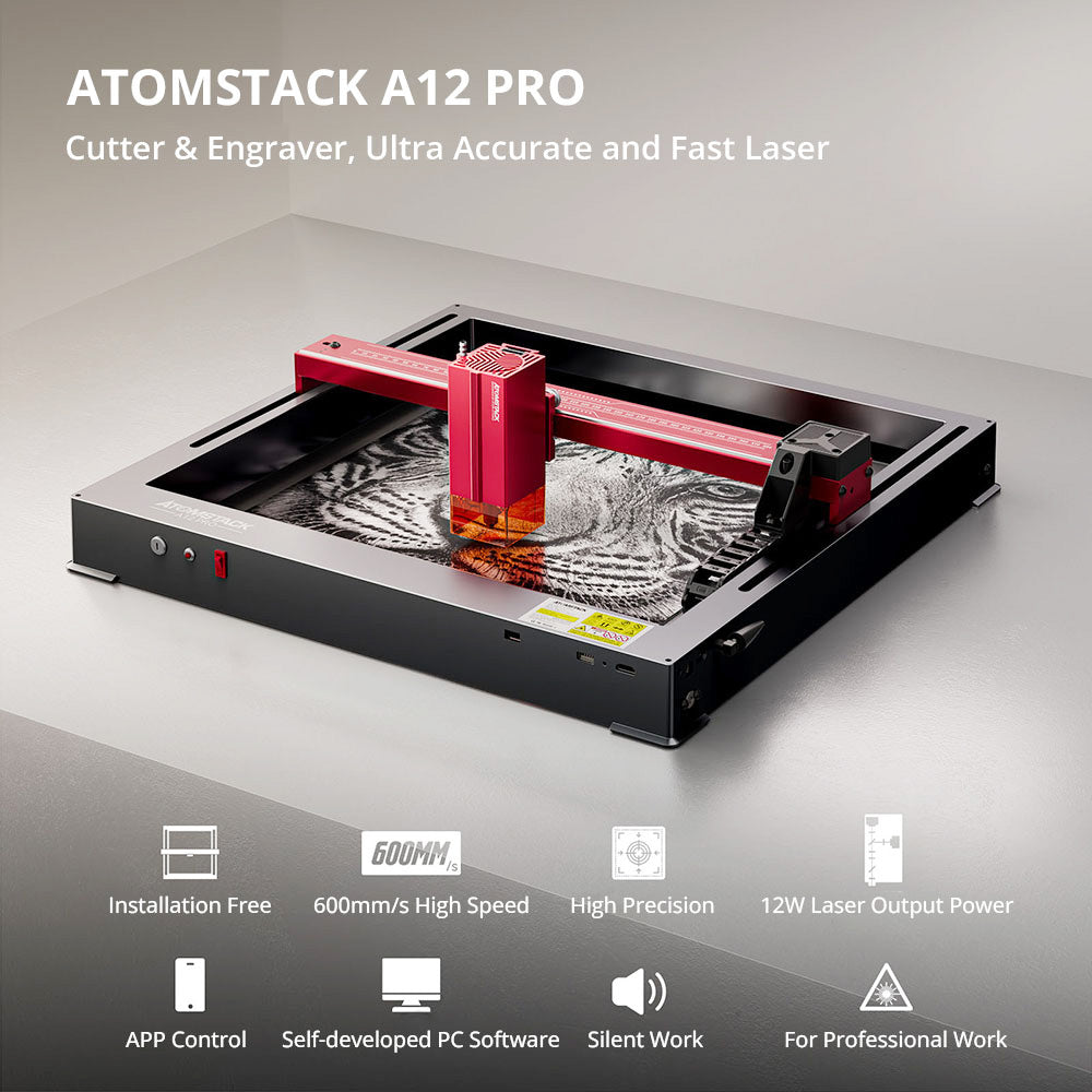 Grabador y cortador láser ATOMSTACK A12 PRO de 12 W, enfoque fijo, precisión de grabado de 0,02 mm, velocidad de grabado de 600 mm/s, placa base de 32 bits, posicionamiento láser cruzado, control por aplicación, 365 x 305 mm.