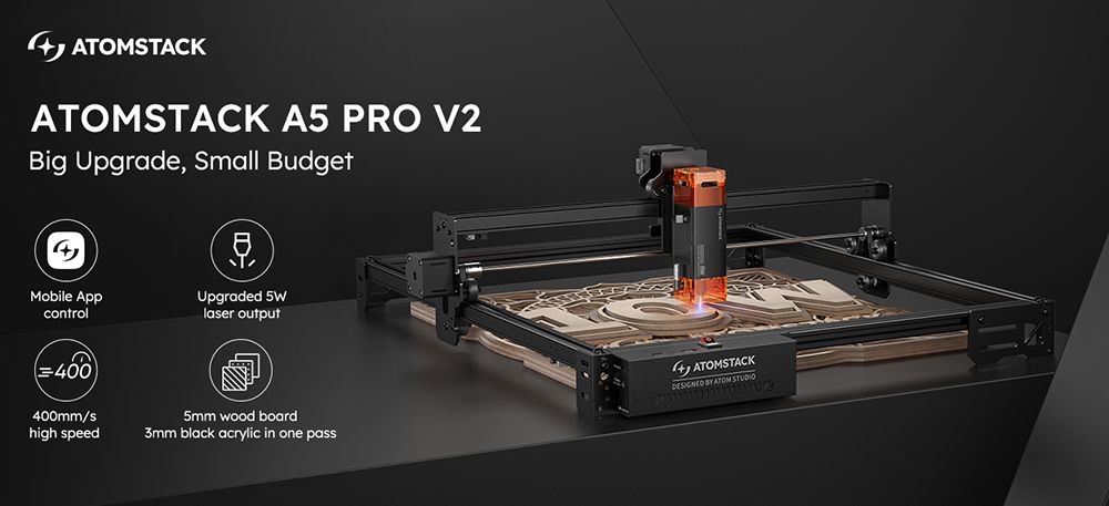 Grabador láser ATOMSTACK A5 Pro V2 de 5 W, alta velocidad de 400 mm/s, precisión de 0,01 mm, madera de 5 mm y acrílico negro de 3 mm en una sola pasada, 410 x 380 mm.