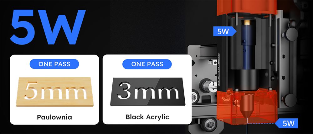 Grabador láser ATOMSTACK A5 Pro V2 de 5 W, alta velocidad de 400 mm/s, precisión de 0,01 mm, madera de 5 mm y acrílico negro de 3 mm en una sola pasada, 410 x 380 mm.