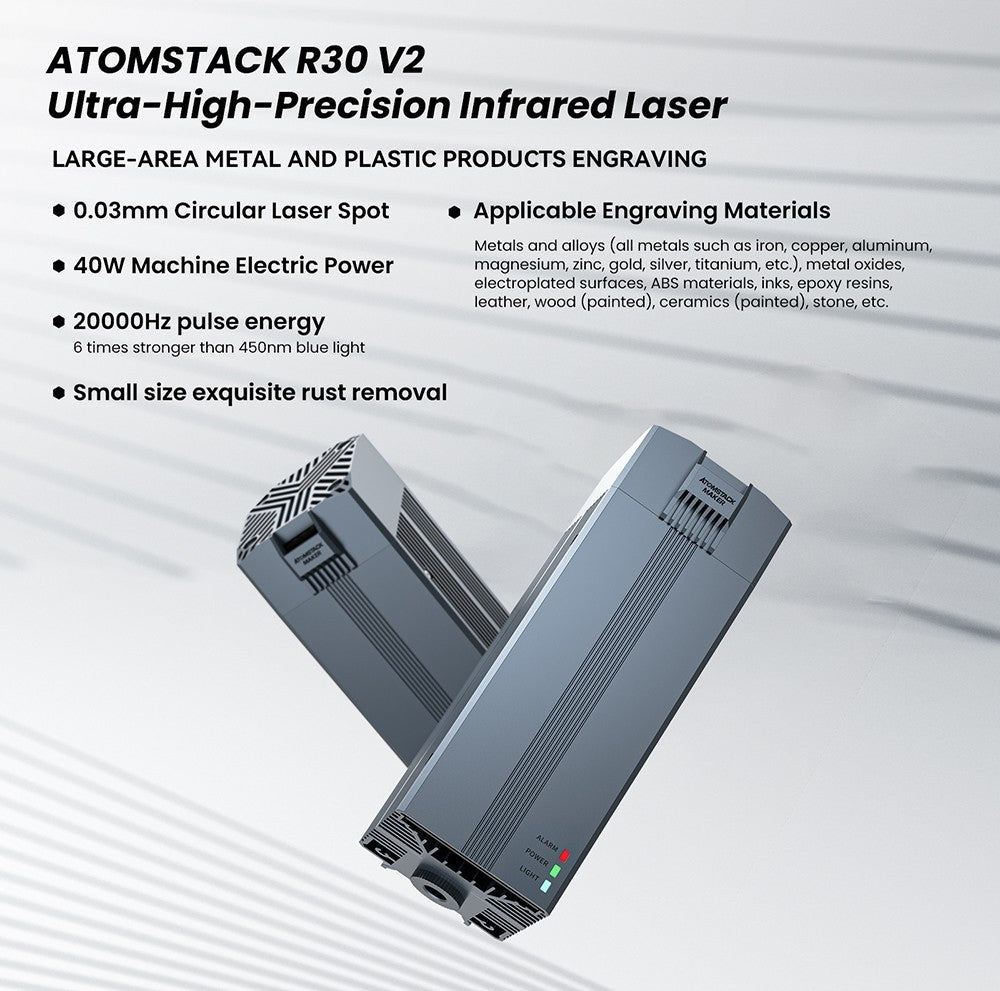 Módulo láser infrarrojo ATOMSTACK R30 V2, potencia láser de 2 W y 1064 nm, punto de 0,03 mm, eliminación de óxido, para grabado en metal y plástico.