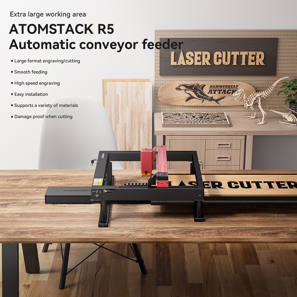 Alimentador automático de cinta transportadora ATOMSTACK R5 para máquinas de grabado láser de la serie ATOMSTACK A6 (A6/A12/A24/A48 Pro y A6/A12/A24/A48 Ultra) - Negro