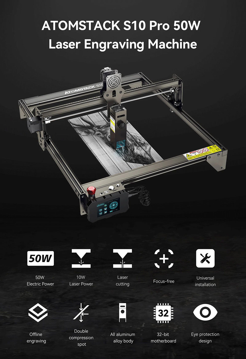 Grabador y cortador láser ATOMSTACK S10 Pro de 10 W, potencia de la máquina de 50 W, enfoque fijo, punto comprimido de 0,08 x 0,06 mm, funcionamiento sin conexión, 410 x 400 mm