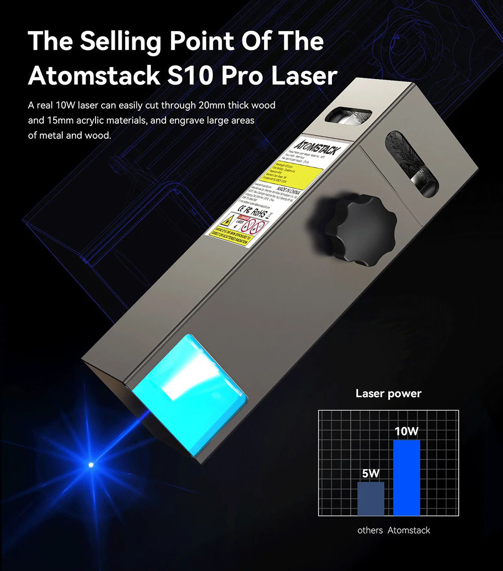 Grabador y cortador láser ATOMSTACK S10 Pro de 10 W, potencia de la máquina de 50 W, enfoque fijo, punto comprimido de 0,08 x 0,06 mm, funcionamiento sin conexión, 410 x 400 mm
