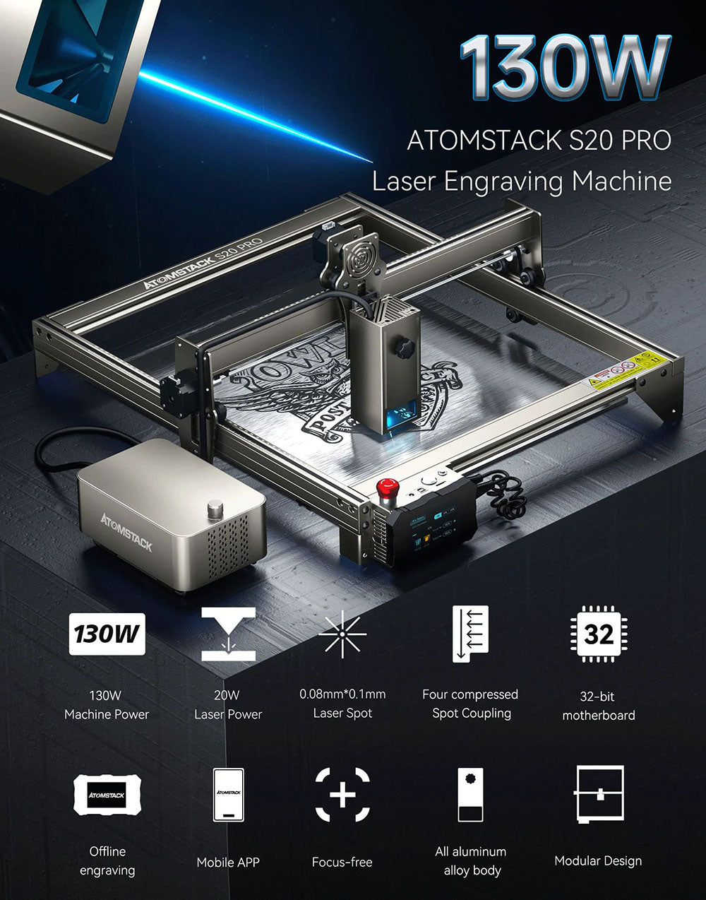 ATOMSTACK S20 Pro Grabador Láser de 20W con Kits de Asistencia de Aire, Enfoque Automático, Láser de Diodo de Cuatro Núcleos, Grabado sin Conexión - EE. UU.