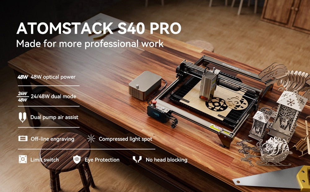 Grabador y cortador láser ATOMSTACK S40 Pro con kit de asistencia de aire F30 Pro, potencia láser de 48 W, enfoque fijo, precisión de grabado de 0,01 mm, modos duales de 24 W/48 W, control por aplicación, 400 x 400 mm.
