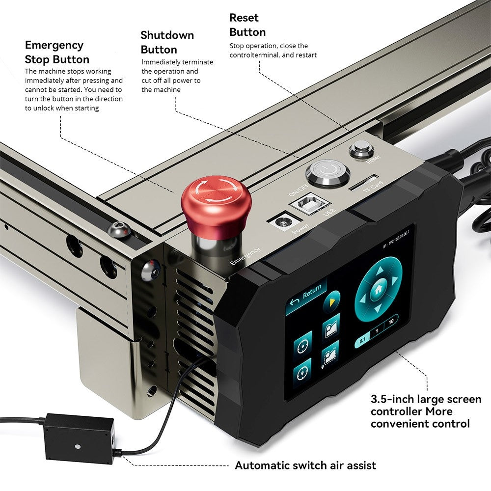 Grabador y cortador láser ATOMSTACK S40 Pro con kit de asistencia de aire F30 Pro, potencia láser de 48 W, enfoque fijo, precisión de grabado de 0,01 mm, modos duales de 24 W/48 W, control por aplicación, 400 x 400 mm.