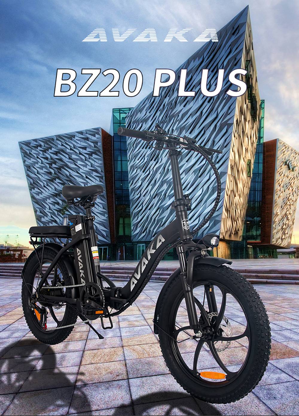 Bicicleta Eléctrica Plegable AVAKA BZ20 PLUS, neumáticos gruesos de 20*3.0 pulgadas, motor sin escobillas de 500W, velocidad máxima de 25 km/h, batería de 48V 18.2Ah, autonomía de 100 km, carga máxima de 120 kg, doble freno de disco, cambio Shimano de 7 velocidades, impermeable IP54, pantalla LCD, rueda de una sola pieza - Negra.