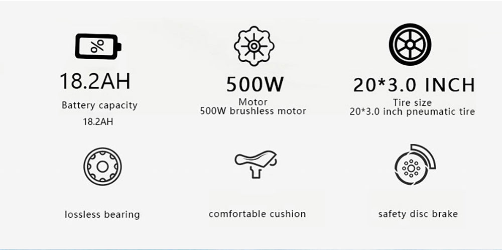 Bicicleta Eléctrica Plegable AVAKA BZ20 PLUS, neumáticos gruesos de 20*3.0 pulgadas, motor sin escobillas de 500W, velocidad máxima de 25 km/h, batería de 48V 18.2Ah, autonomía de 100 km, carga máxima de 120 kg, doble freno de disco, cambio Shimano de 7 velocidades, impermeable IP54, pantalla LCD, rueda de una sola pieza - Negra.