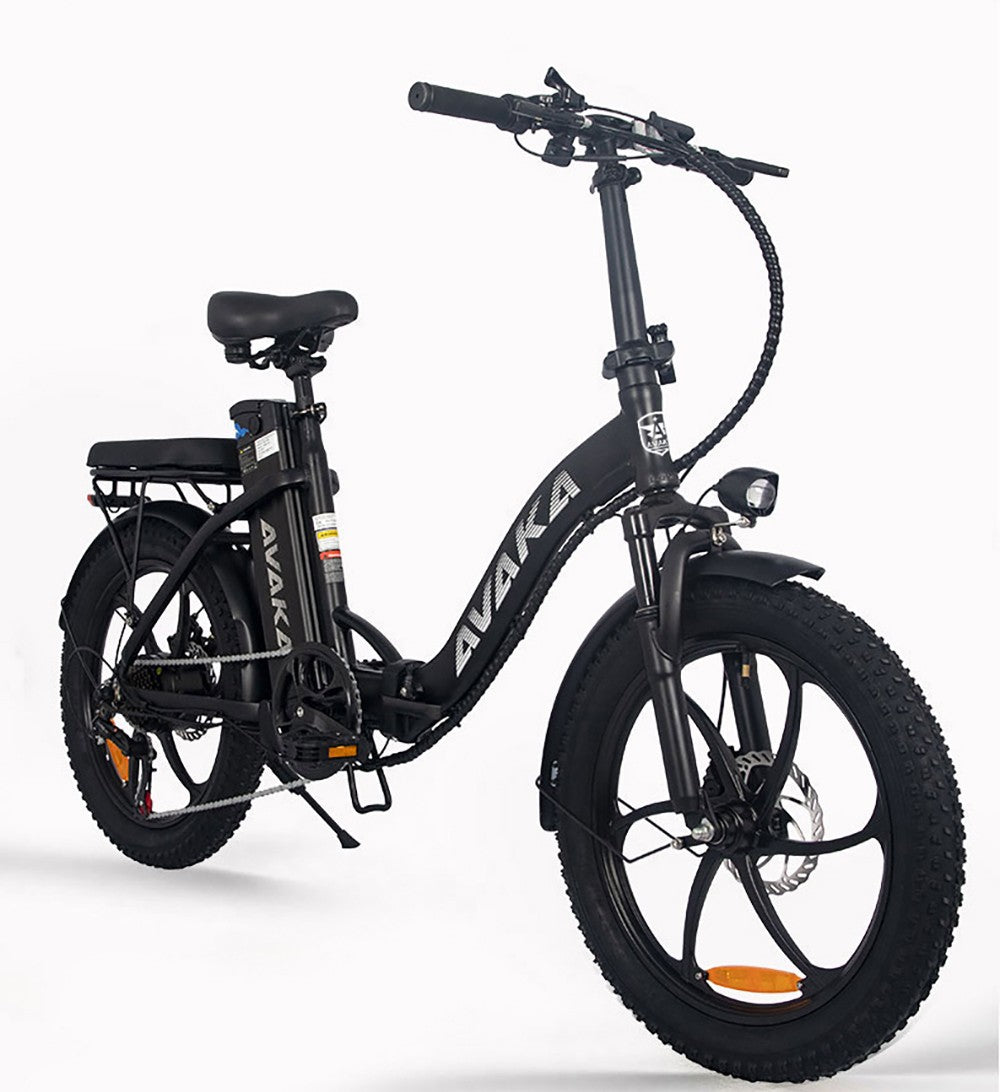 Bicicleta Eléctrica Plegable AVAKA BZ20 PLUS, neumáticos gruesos de 20*3.0 pulgadas, motor sin escobillas de 500W, velocidad máxima de 25 km/h, batería de 48V 18.2Ah, autonomía de 100 km, carga máxima de 120 kg, doble freno de disco, cambio Shimano de 7 velocidades, impermeable IP54, pantalla LCD, rueda de una sola pieza - Negra.