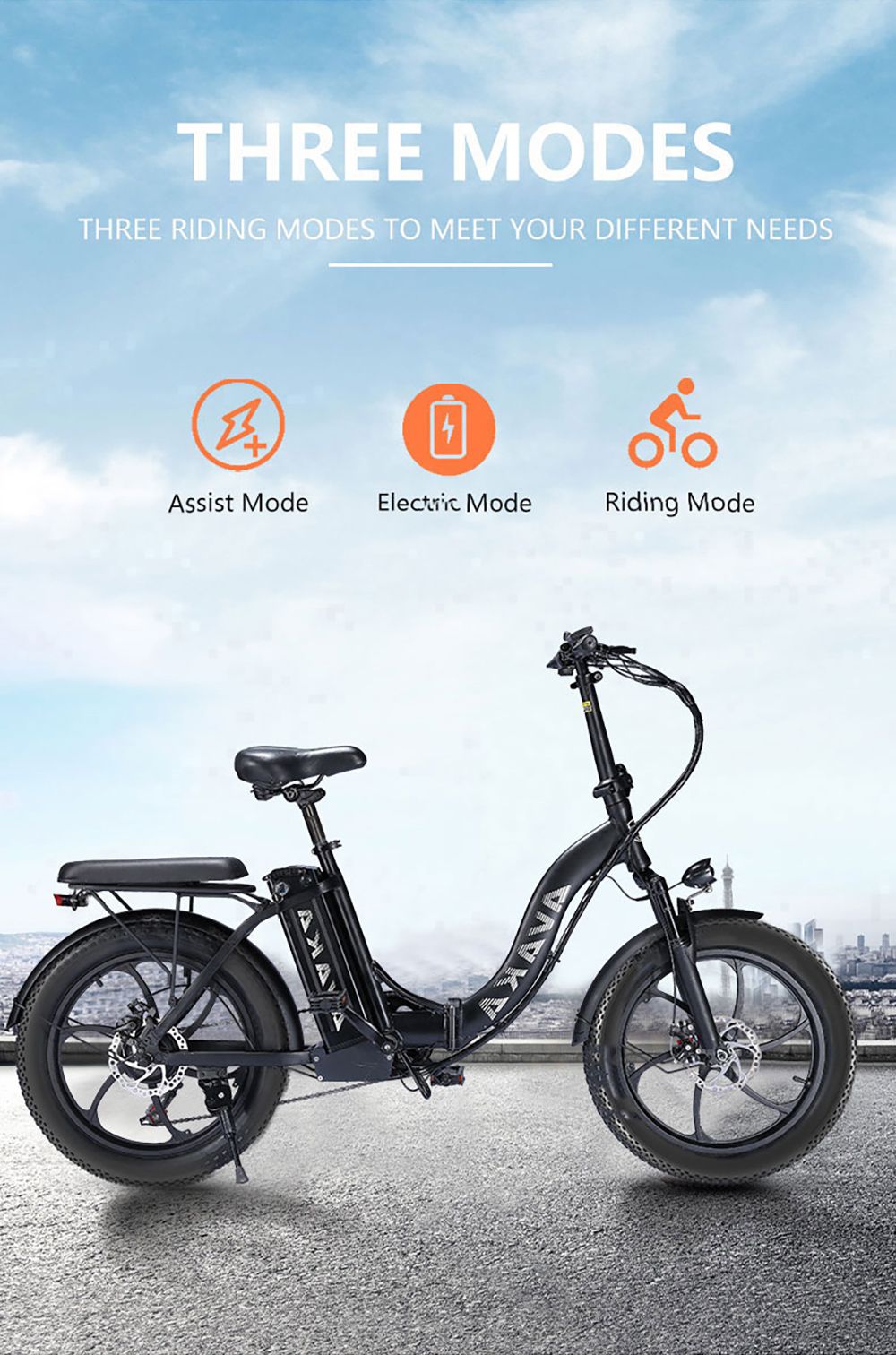 Bicicleta Eléctrica Plegable AVAKA BZ20 PLUS, neumáticos gruesos de 20*3.0 pulgadas, motor sin escobillas de 500W, velocidad máxima de 25 km/h, batería de 48V 18.2Ah, autonomía de 100 km, carga máxima de 120 kg, doble freno de disco, cambio Shimano de 7 velocidades, impermeable IP54, pantalla LCD, rueda de una sola pieza - Negra.