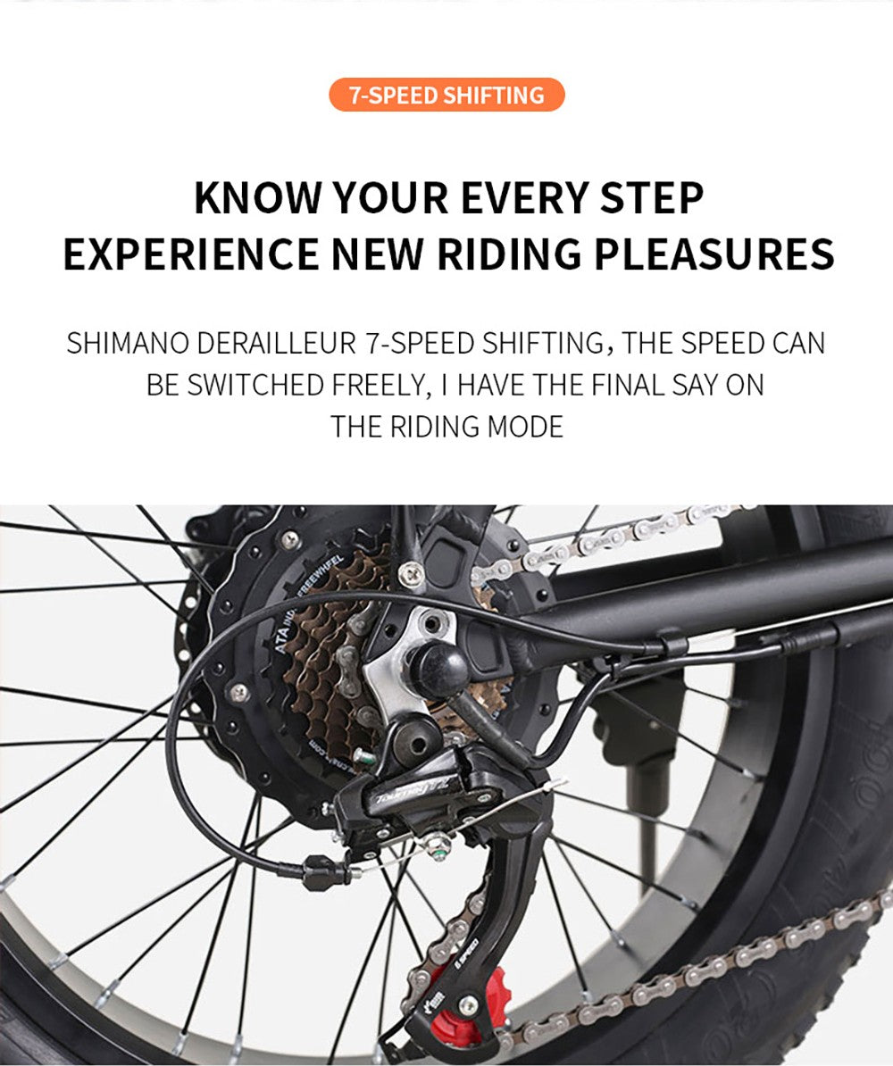 Bicicleta Eléctrica Plegable AVAKA BZ20 PLUS, neumáticos gruesos de 20*3.0 pulgadas, motor sin escobillas de 500W, velocidad máxima de 25 km/h, batería de 48V 18.2Ah, autonomía de 100 km, carga máxima de 120 kg, doble freno de disco, cambio Shimano de 7 velocidades, impermeable IP54, pantalla LCD, rueda de una sola pieza - Negra.