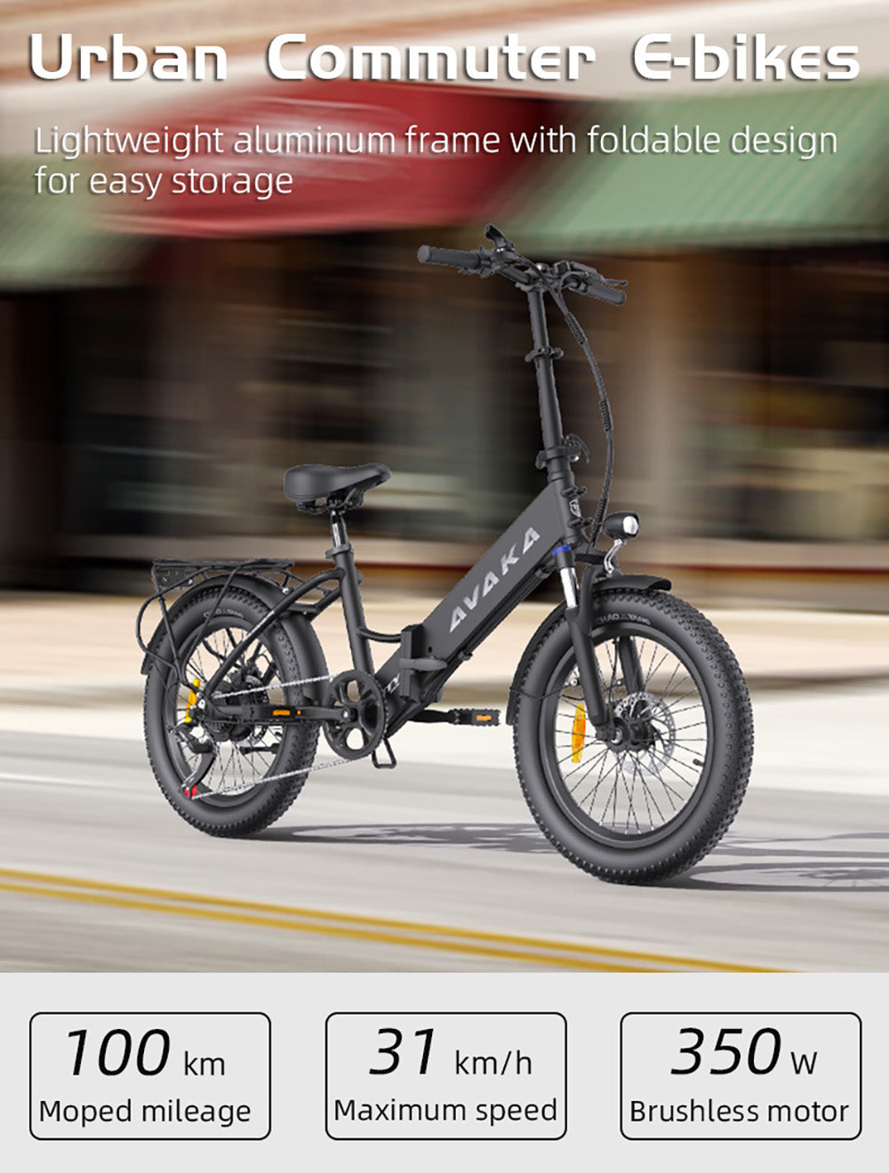 AVAKA K300 Folding Electric Bike, 350W Motor, 36V 16Ah Battery, 20*3.0 inch Tires, 31km/h Max Speed, 100km Range, Front & Rear Disc Brakes, LCD Display, SHIMANO 7-speed - White