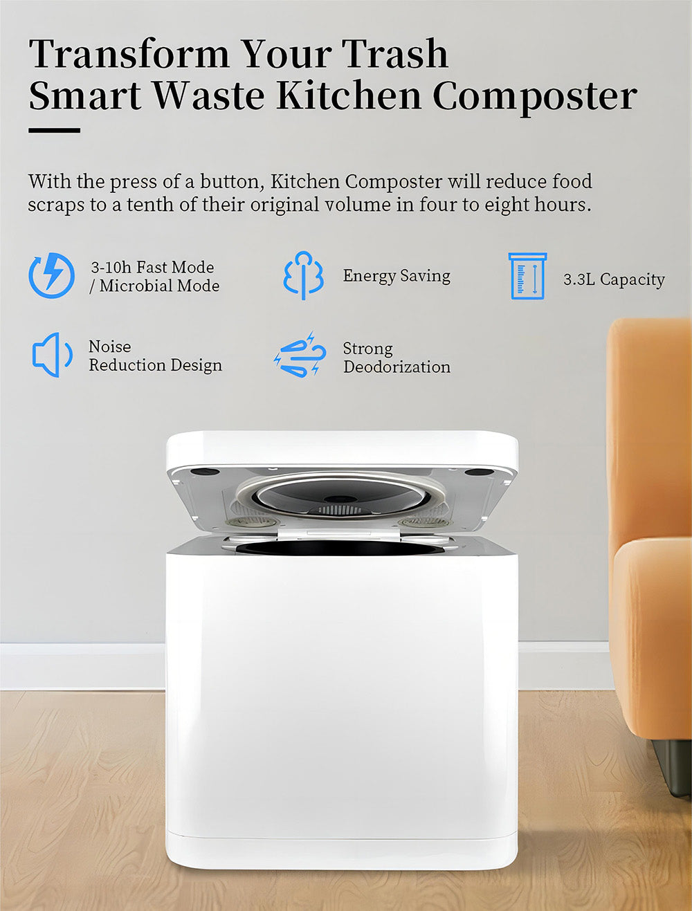 Compostador de cocina BEECO HQD-314Pro, capacidad de 3,3 L, convierte los residuos en fertilizante natural, luz UVC integrada, bloqueo infantil, pantalla LCD.
