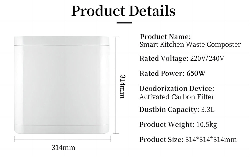 Compostador de cocina BEECO HQD-314Pro, capacidad de 3,3 L, convierte los residuos en fertilizante natural, luz UVC integrada, bloqueo infantil, pantalla LCD.