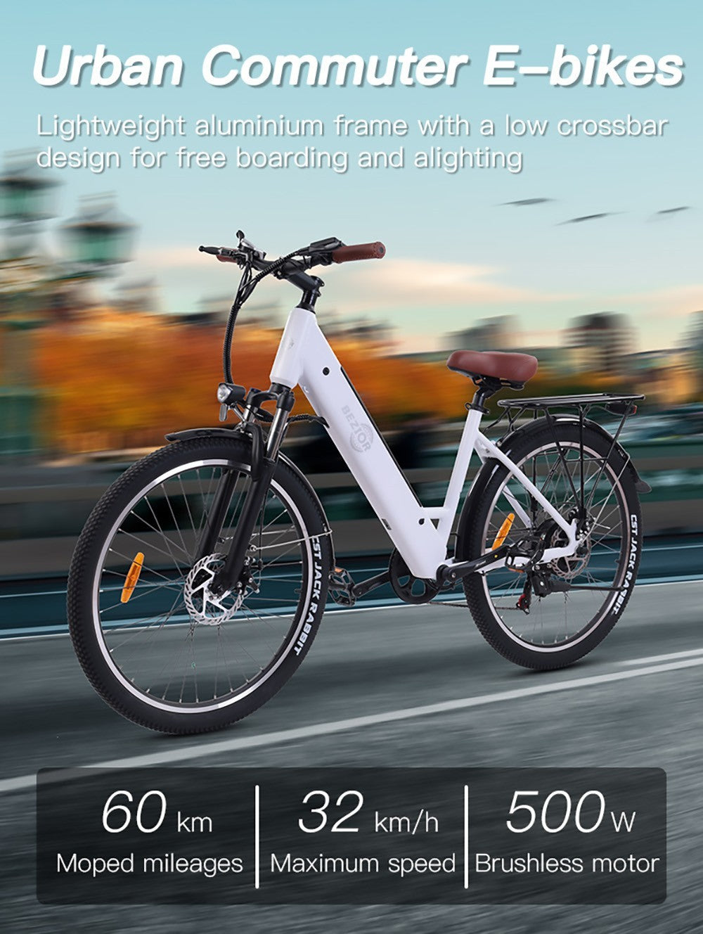 Bezior M3 Elektrofahrrad, 48V 500W Motor, 32km/h Höchstgeschwindigkeit, 10,4Ah Akku, 60km Reichweite, 26*2,1'' CST Reifen, Shimano 7-Gang-Schaltung – Schwarz