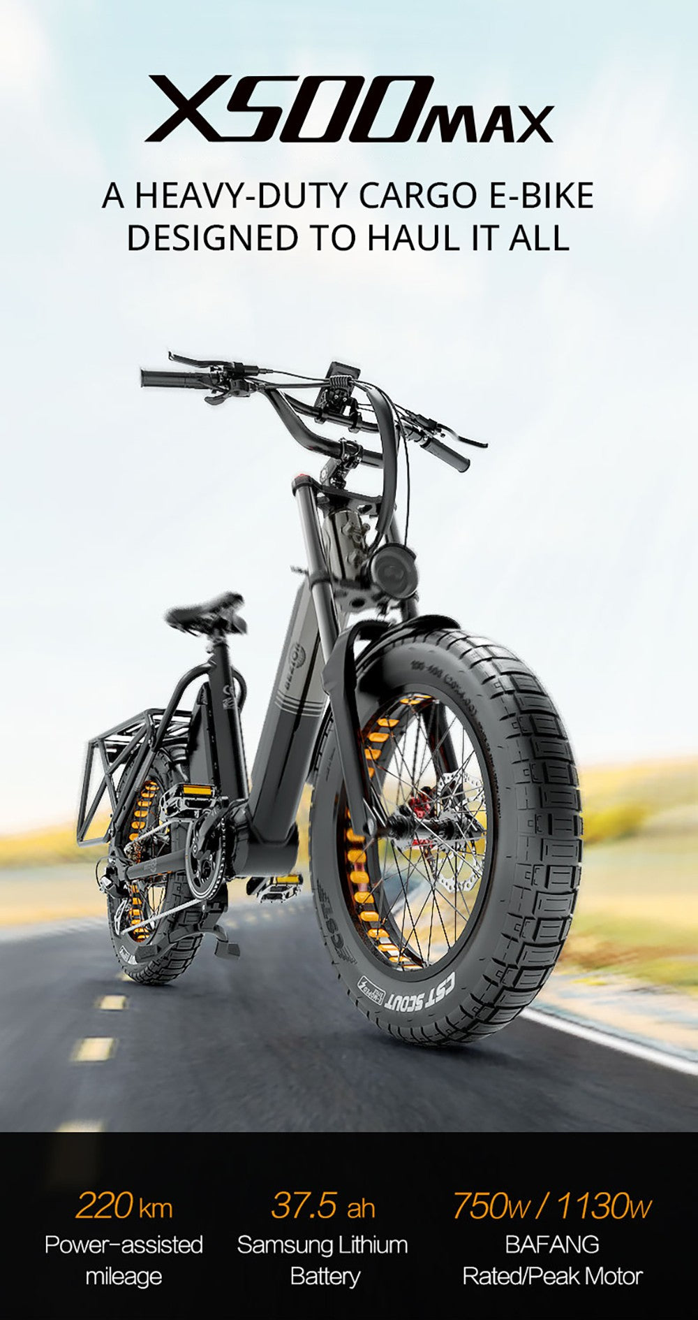 Bezior X500 MAX Elektro-Mountainbike, 750W Bafang Motor, 48V 37,5Ah herausnehmbarer Akku, 20*4,0 Zoll Fatbike-Reifen, 48 km/h Höchstgeschwindigkeit, 220 km Reichweite, Federgabel vorne, hydraulische Scheibenbremsen, Shimano 7-Gang-Schaltung
