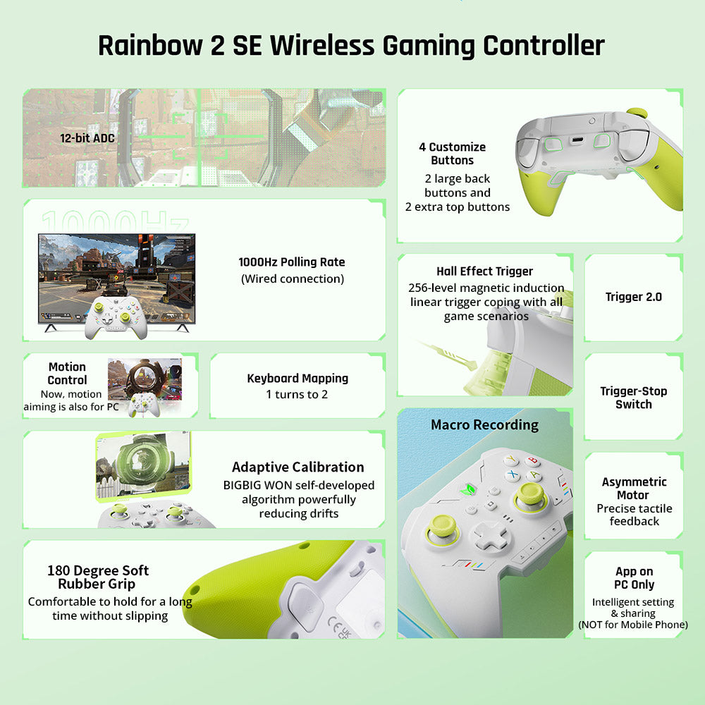 BIGBIG WON Rainbow 2 SE Gamecontroller, Hall-Effekt-Trigger, 12-Bit-ADC, 4- und 8-Wege-D-Pads, kompatibel mit Switch, PC, Android und iOS – Grün