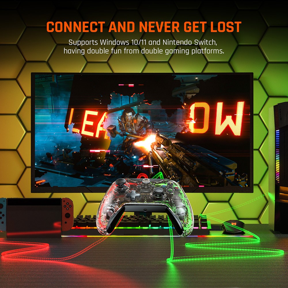 Mando para juegos con cable BIGBIG WON Rainbow Lite, luz RGB, botones personalizables, compatible con Switch / PC con Windows 10 y 11.