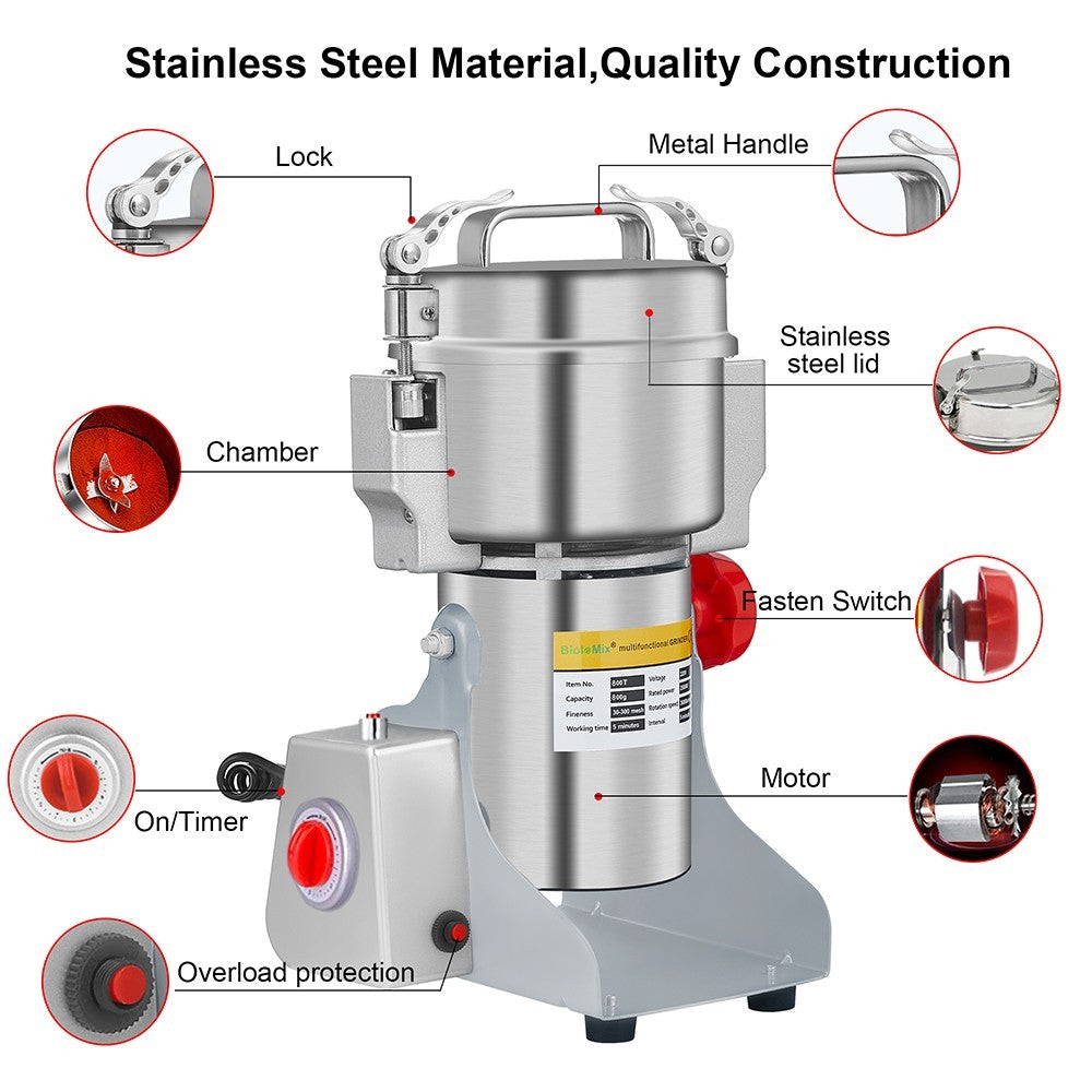 Molino de Moler BioloMix, Molino de Granos Oscilante de 800g, Molino de Cocina Portátil Multifunción para Café