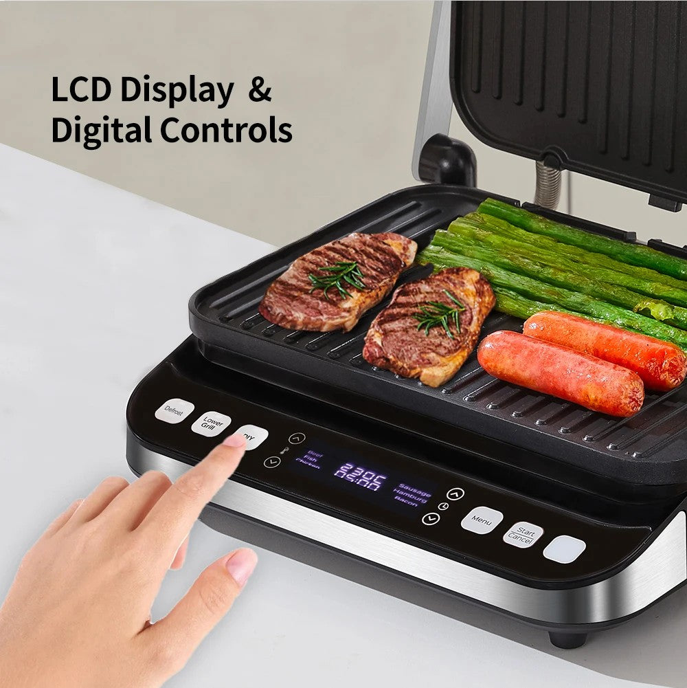 Parrilla de contacto eléctrica BioloMix BCG02D de 2000 W, placas extraíbles/reversibles y antiadherentes, sin humo, pantalla LCD y control digital, apertura de 180 grados.