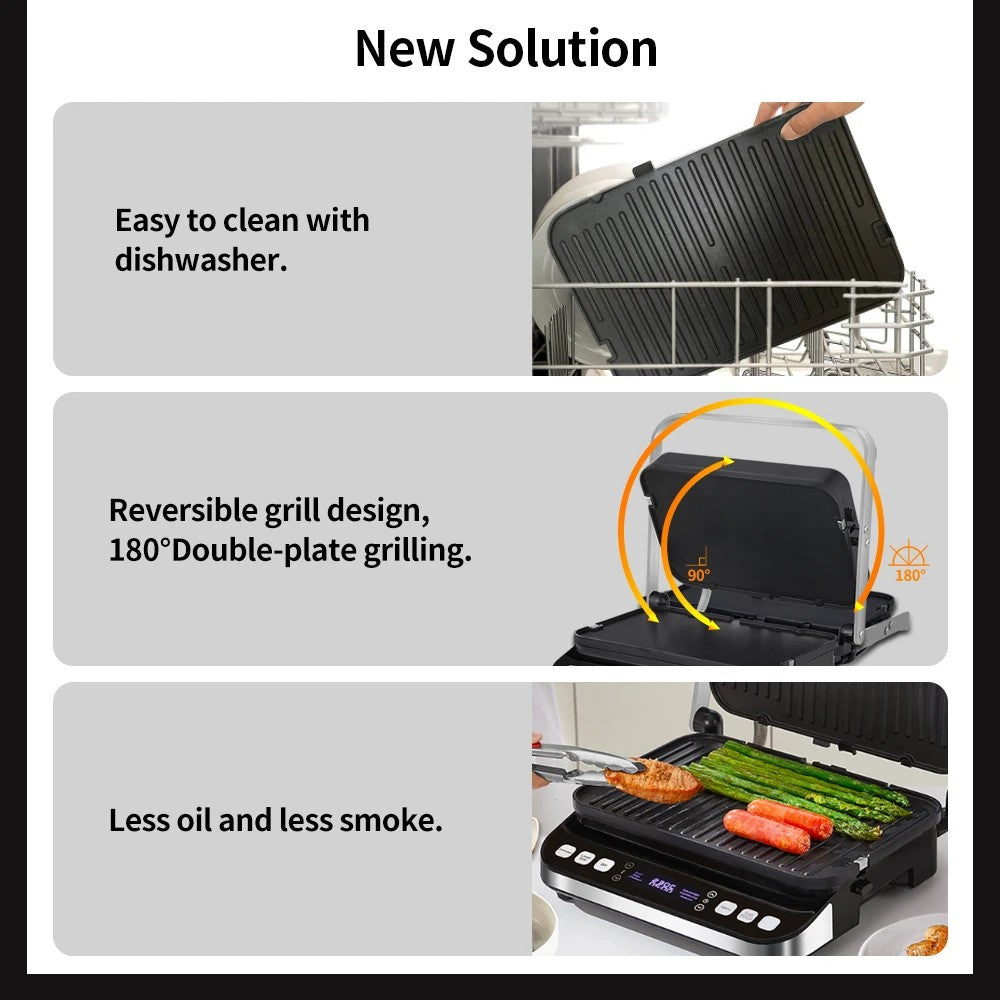 Parrilla de contacto eléctrica BioloMix BCG02D de 2000 W, placas extraíbles/reversibles y antiadherentes, sin humo, pantalla LCD y control digital, apertura de 180 grados.