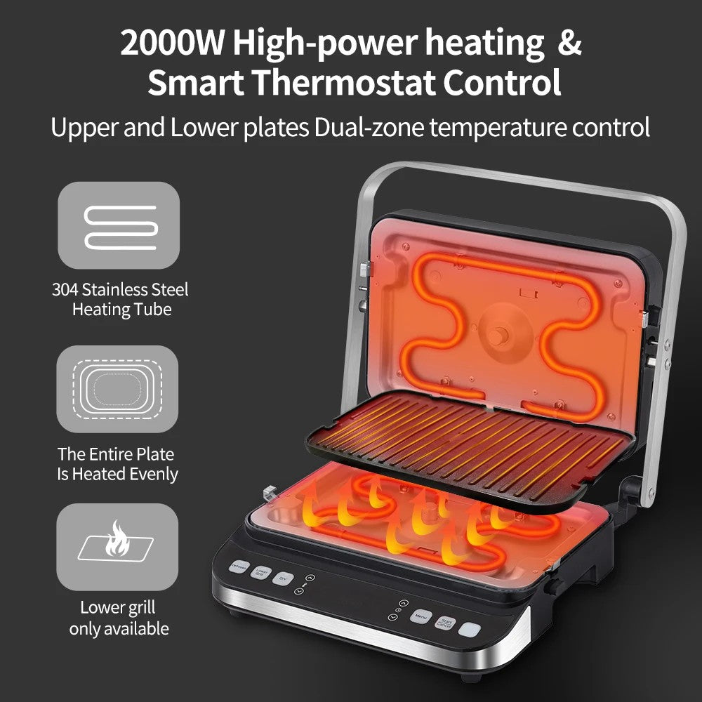 Parrilla de contacto eléctrica BioloMix BCG02D de 2000 W, placas extraíbles/reversibles y antiadherentes, sin humo, pantalla LCD y control digital, apertura de 180 grados.