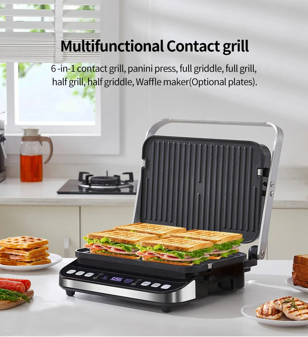 Parrilla de contacto eléctrica BioloMix BCG02D de 2000 W, placas extraíbles/reversibles y antiadherentes, sin humo, pantalla LCD y control digital, apertura de 180 grados.