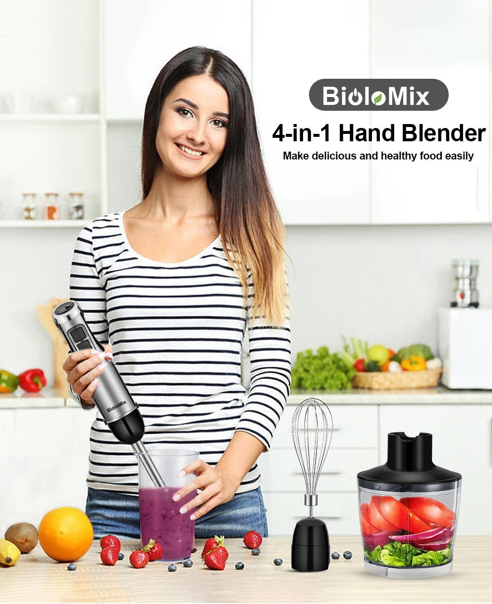BioloMix BHB1200 Batidora de mano 4 en 1 de 1200 W, control de 6 velocidades, cuchilla de acero inoxidable, vaso picador de 500 ml, vaso para batidos de 600 ml