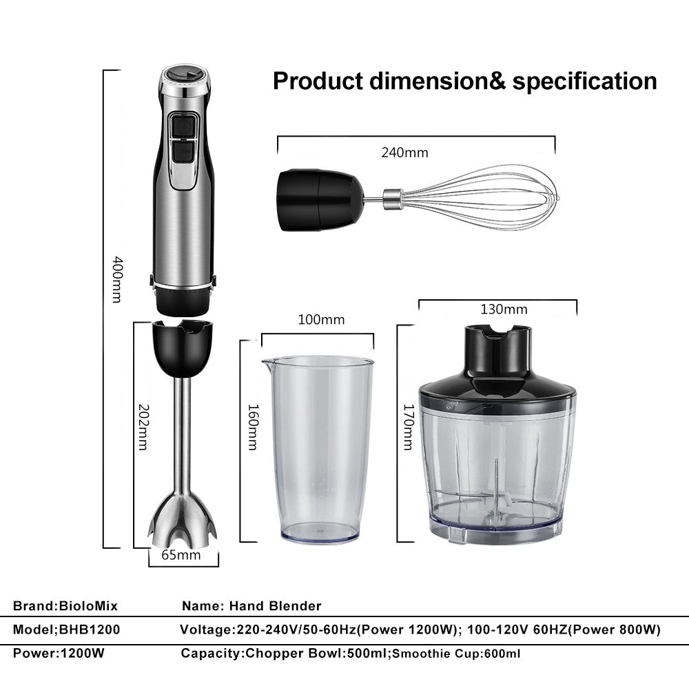 BioloMix BHB1200 Batidora de mano 4 en 1 de 1200 W, control de 6 velocidades, cuchilla de acero inoxidable, vaso picador de 500 ml, vaso para batidos de 600 ml