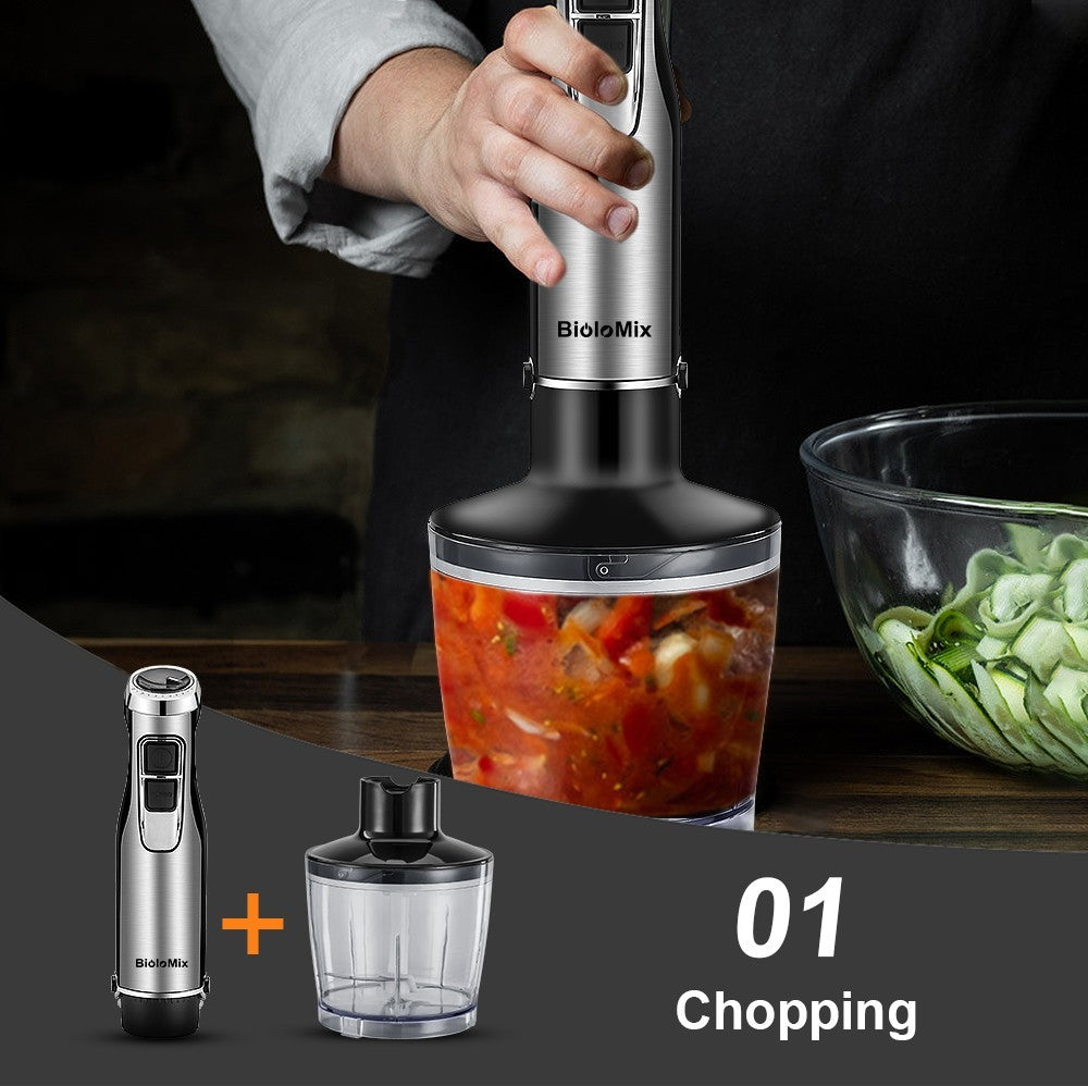 BioloMix BHB1200 Batidora de mano 4 en 1 de 1200 W, control de 6 velocidades, cuchilla de acero inoxidable, vaso picador de 500 ml, vaso para batidos de 600 ml
