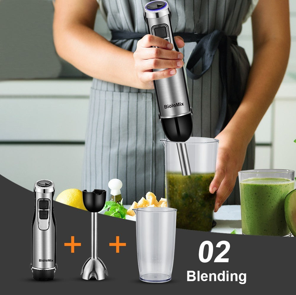 BioloMix BHB1200 Batidora de mano 4 en 1 de 1200 W, control de 6 velocidades, cuchilla de acero inoxidable, vaso picador de 500 ml, vaso para batidos de 600 ml