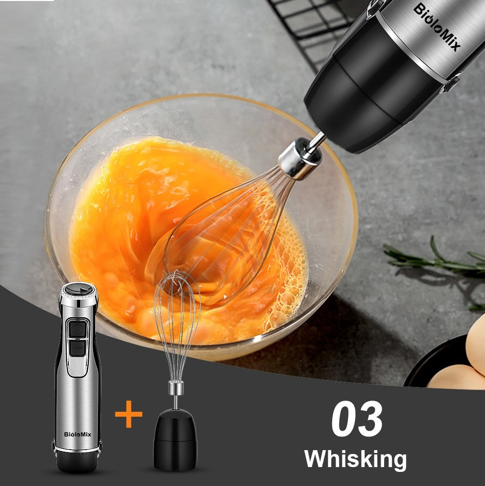 BioloMix BHB1200 Batidora de mano 4 en 1 de 1200 W, control de 6 velocidades, cuchilla de acero inoxidable, vaso picador de 500 ml, vaso para batidos de 600 ml