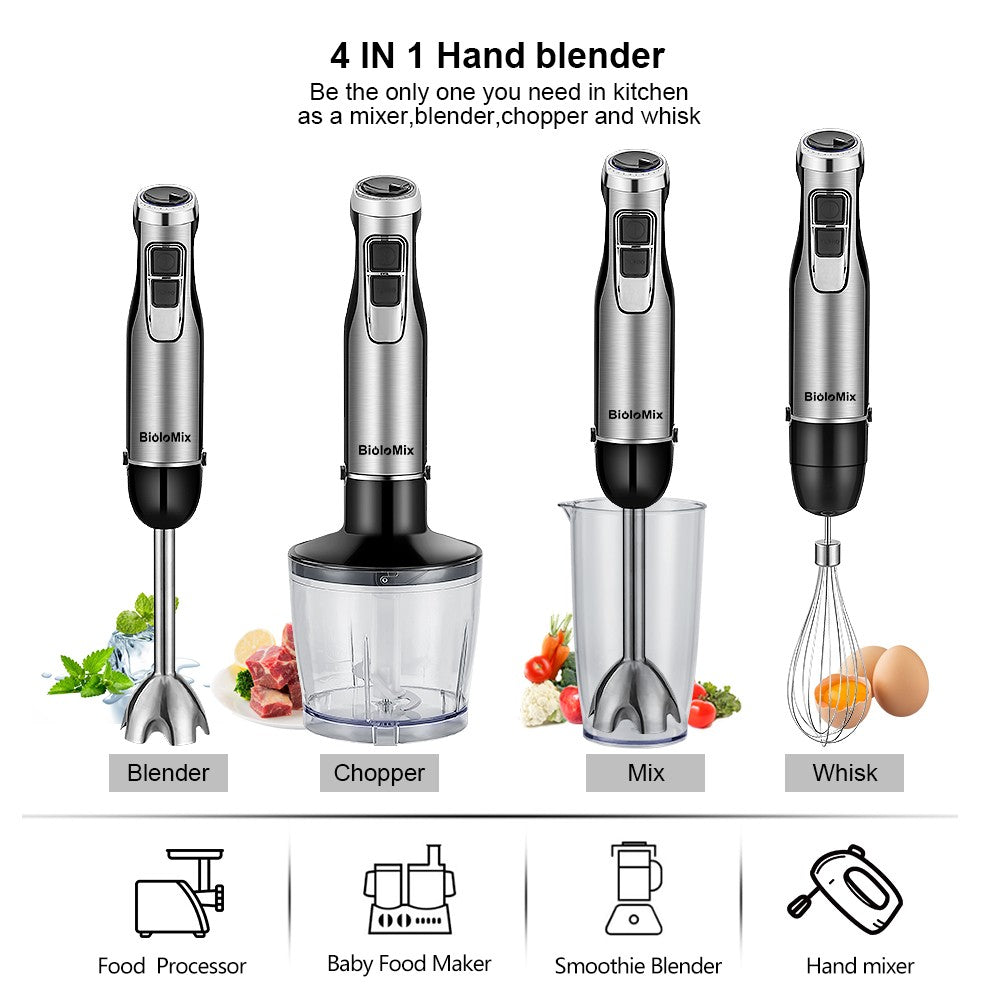 BioloMix BHB1200 Batidora de mano 4 en 1 de 1200 W, control de 6 velocidades, cuchilla de acero inoxidable, vaso picador de 500 ml, vaso para batidos de 600 ml