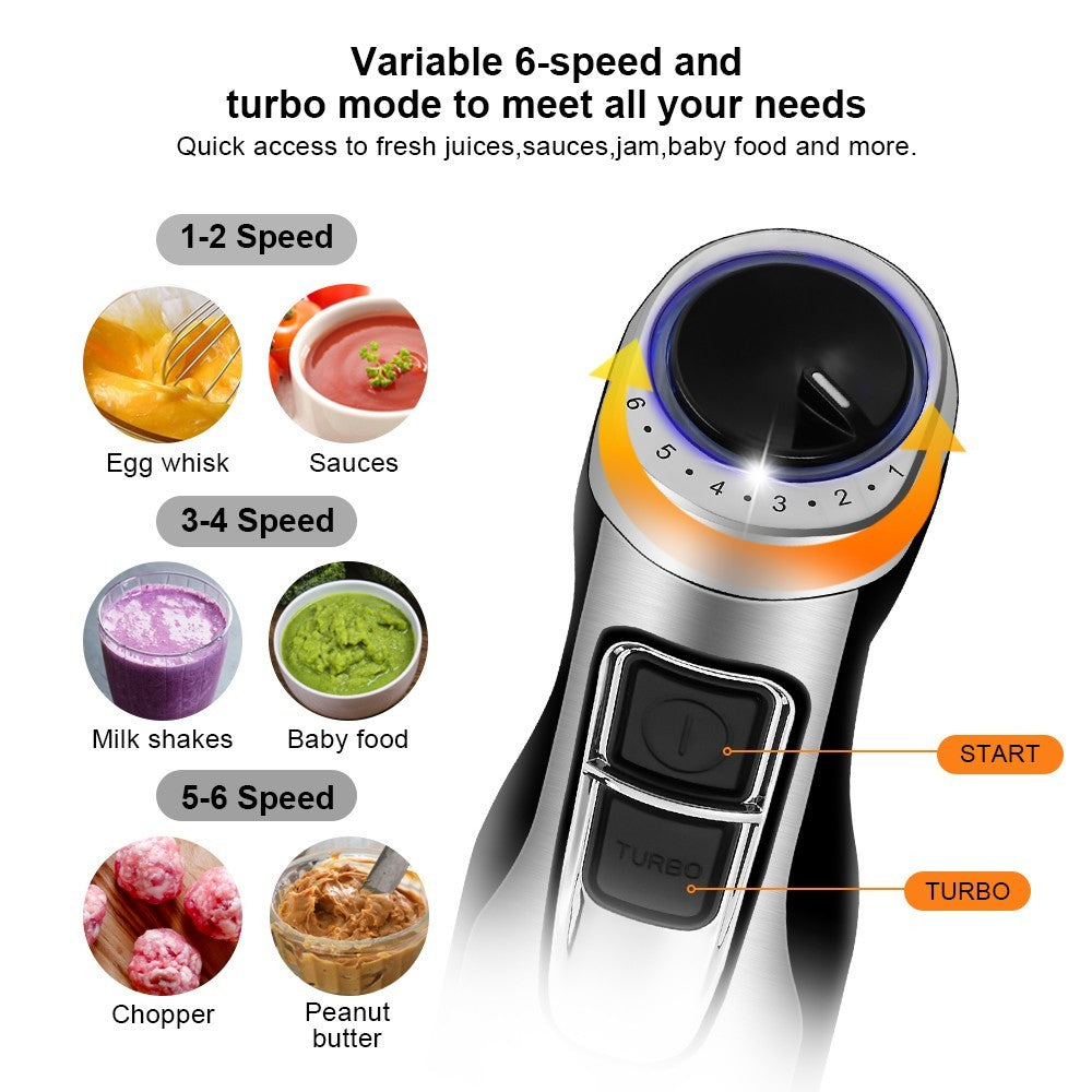 BioloMix BHB1200 Batidora de mano 4 en 1 de 1200 W, control de 6 velocidades, cuchilla de acero inoxidable, vaso picador de 500 ml, vaso para batidos de 600 ml