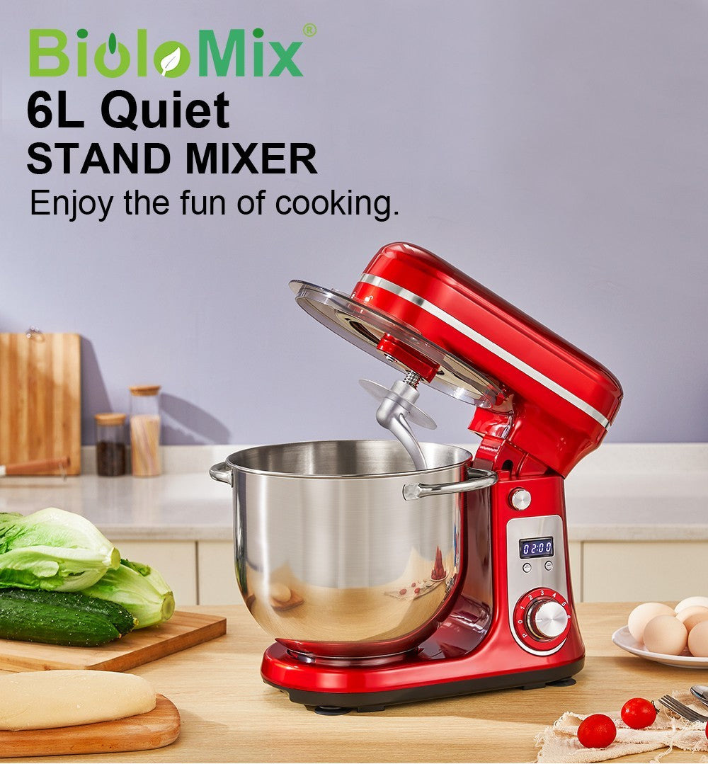 Batidora amasadora de cocina BioloMix BM601 de 1200 W, batidora de crema y claras de huevo, amasadora de masa para pasteles, capacidad de 6 L, bol de acero inoxidable, 6 velocidades, pantalla LED - Gris