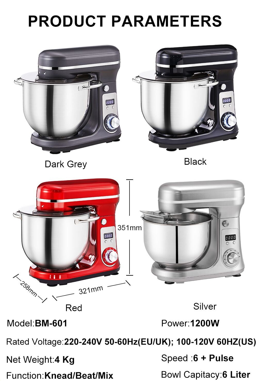 Batidora amasadora de cocina BioloMix BM601 de 1200 W, batidora de crema y claras de huevo, amasadora de masa para pasteles, capacidad de 6 L, bol de acero inoxidable, 6 velocidades, pantalla LED - Gris