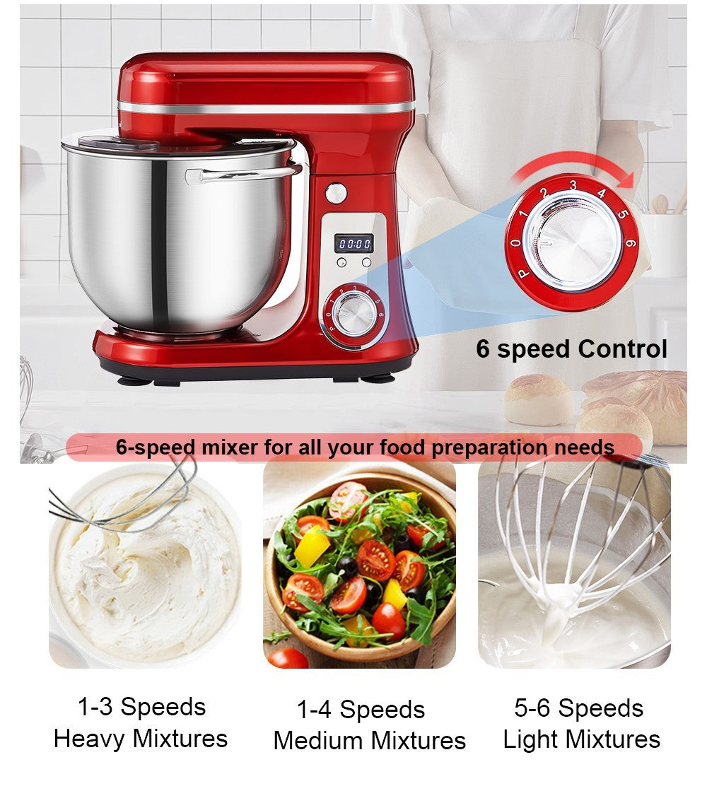 Batidora amasadora de cocina BioloMix BM601 de 1200 W, batidora de crema y claras de huevo, amasadora de masa para pasteles, capacidad de 6 L, bol de acero inoxidable, 6 velocidades, pantalla LED - Gris