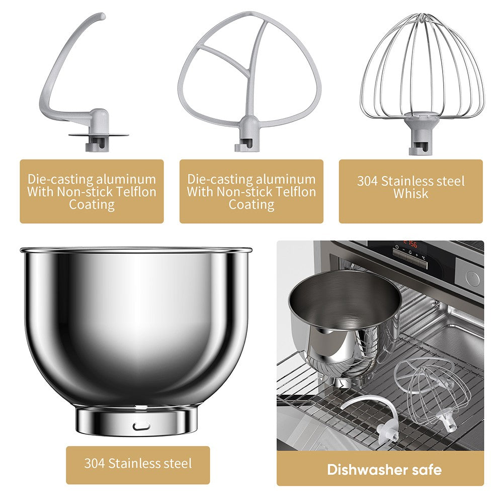 Batidora amasadora BioloMix BM602E de 5L para cocina, motor DC de 1200W con 11 velocidades, pantalla digital OLED, bajo nivel de ruido, con gancho para masa, batidor plano y batidor de varillas.