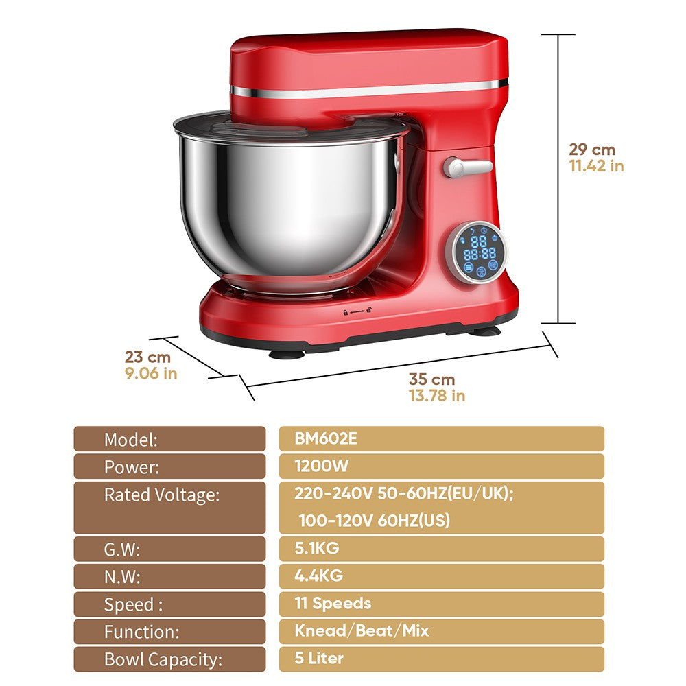 Batidora amasadora BioloMix BM602E de 5L para cocina, motor DC de 1200W con 11 velocidades, pantalla digital OLED, bajo nivel de ruido, con gancho para masa, batidor plano y batidor de varillas.