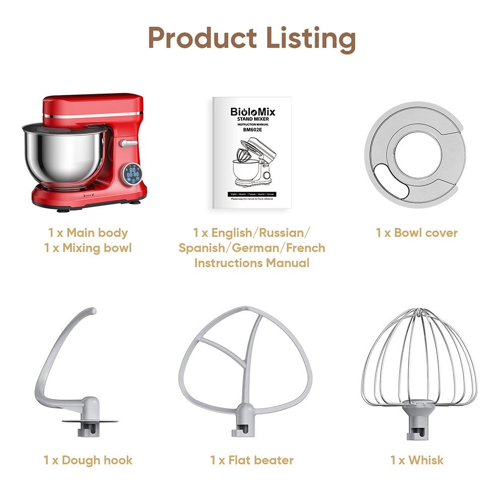 Batidora amasadora BioloMix BM602E de 5L para cocina, motor DC de 1200W con 11 velocidades, pantalla digital OLED, bajo nivel de ruido, con gancho para masa, batidor plano y batidor de varillas.