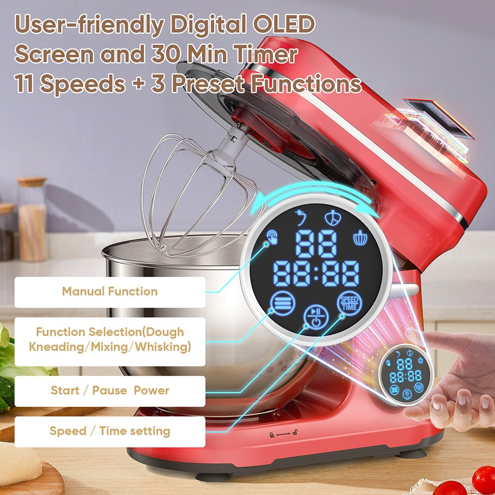 Batidora amasadora BioloMix BM602E de 5L para cocina, motor DC de 1200W con 11 velocidades, pantalla digital OLED, bajo nivel de ruido, con gancho para masa, batidor plano y batidor de varillas.