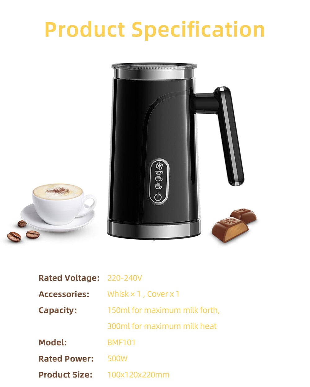 BioloMix BMF101 Espumador y Calentador de Leche Eléctrico 4 en 1, Automático Frío y Caliente, para Latte, Fabricador de Espuma, Chocolates Calientes, Capuchino - Negro