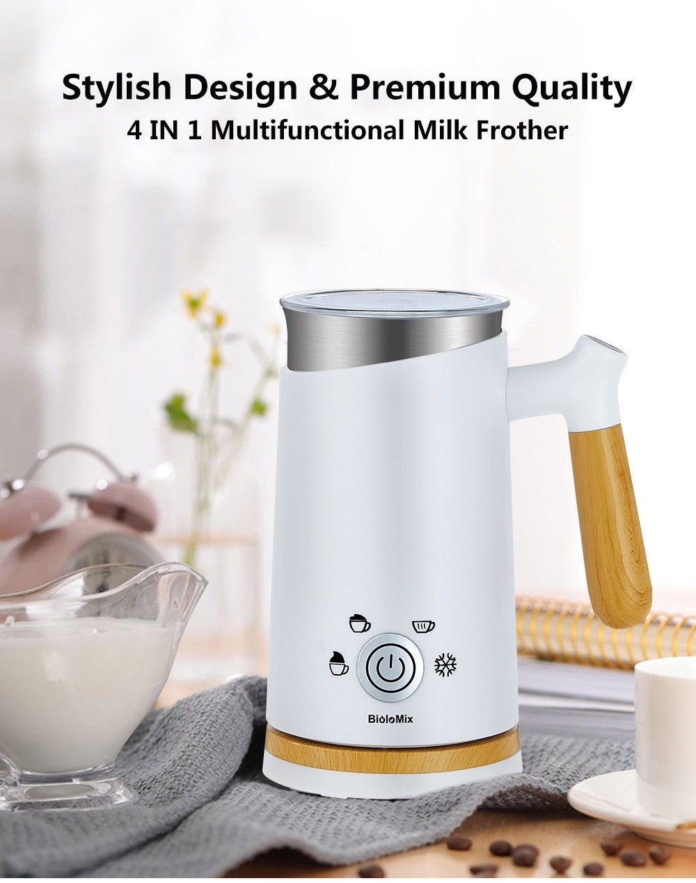 BioloMix BN11 Espumador de leche frío/caliente 4 en 1, capacidad para espumar 150 ml, capacidad para calentar 300 ml
