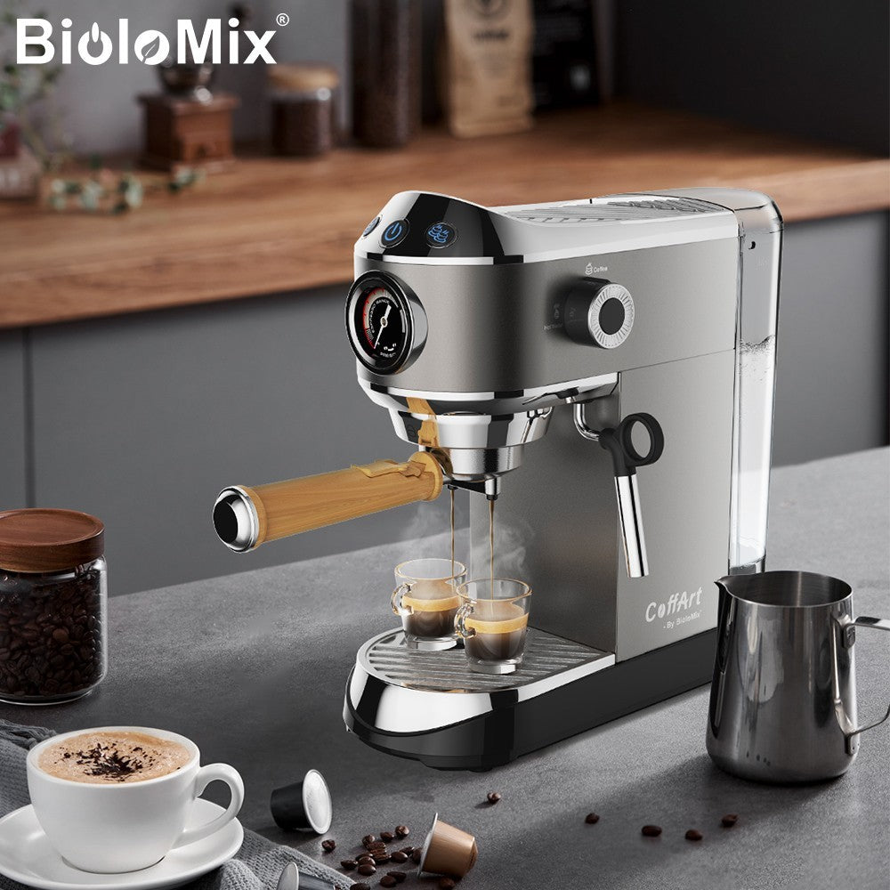 BioloMix CM7008 Cafetera Espresso Semiautomática con Espumador de Leche a Vapor, Presión de 20 Bares, Tanque de Agua de 1.1L, para una o dos tazas