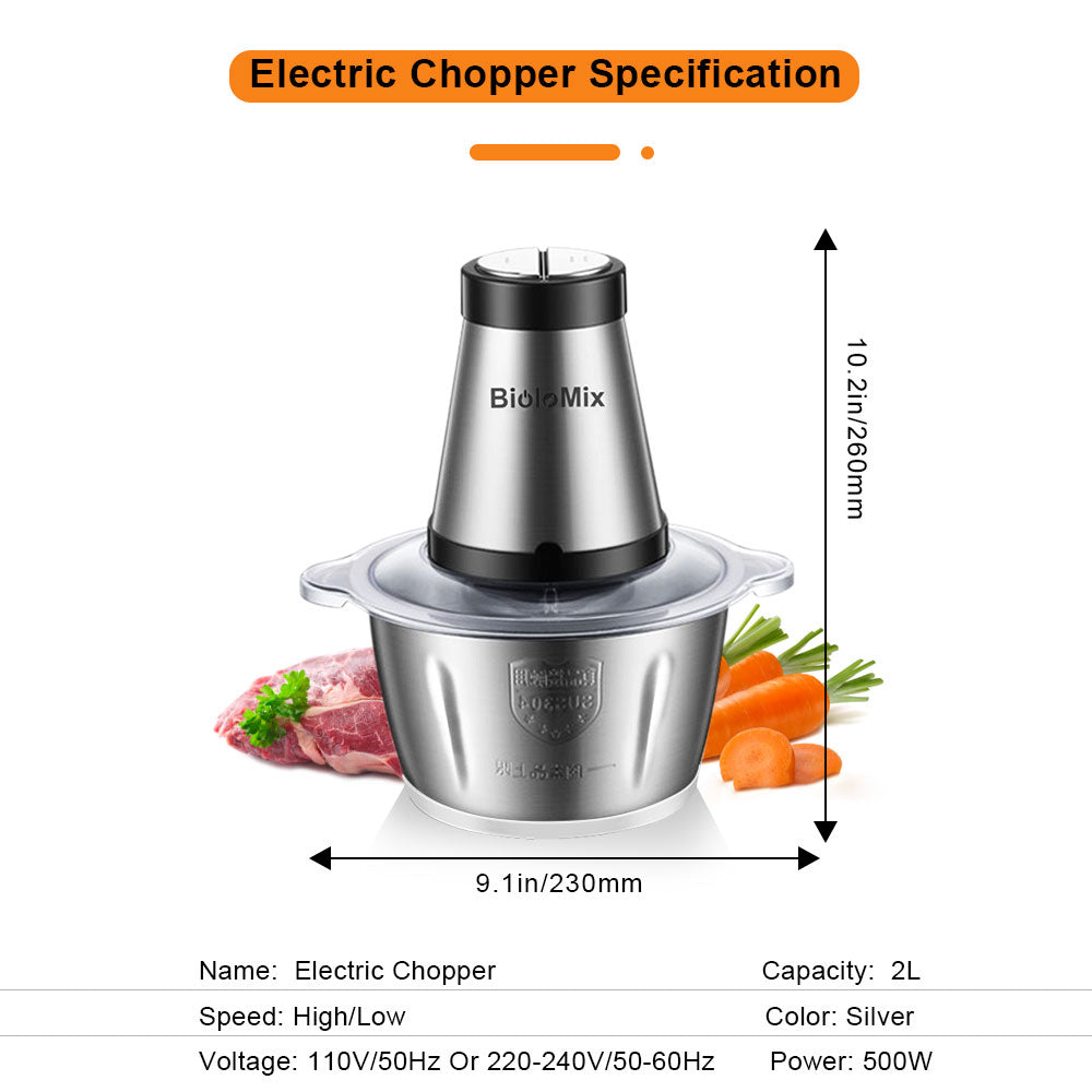 Picadora de carne eléctrica BioloMix CP615, 2 velocidades (baja/alta), motor de 500 W, gran capacidad de 2 L.