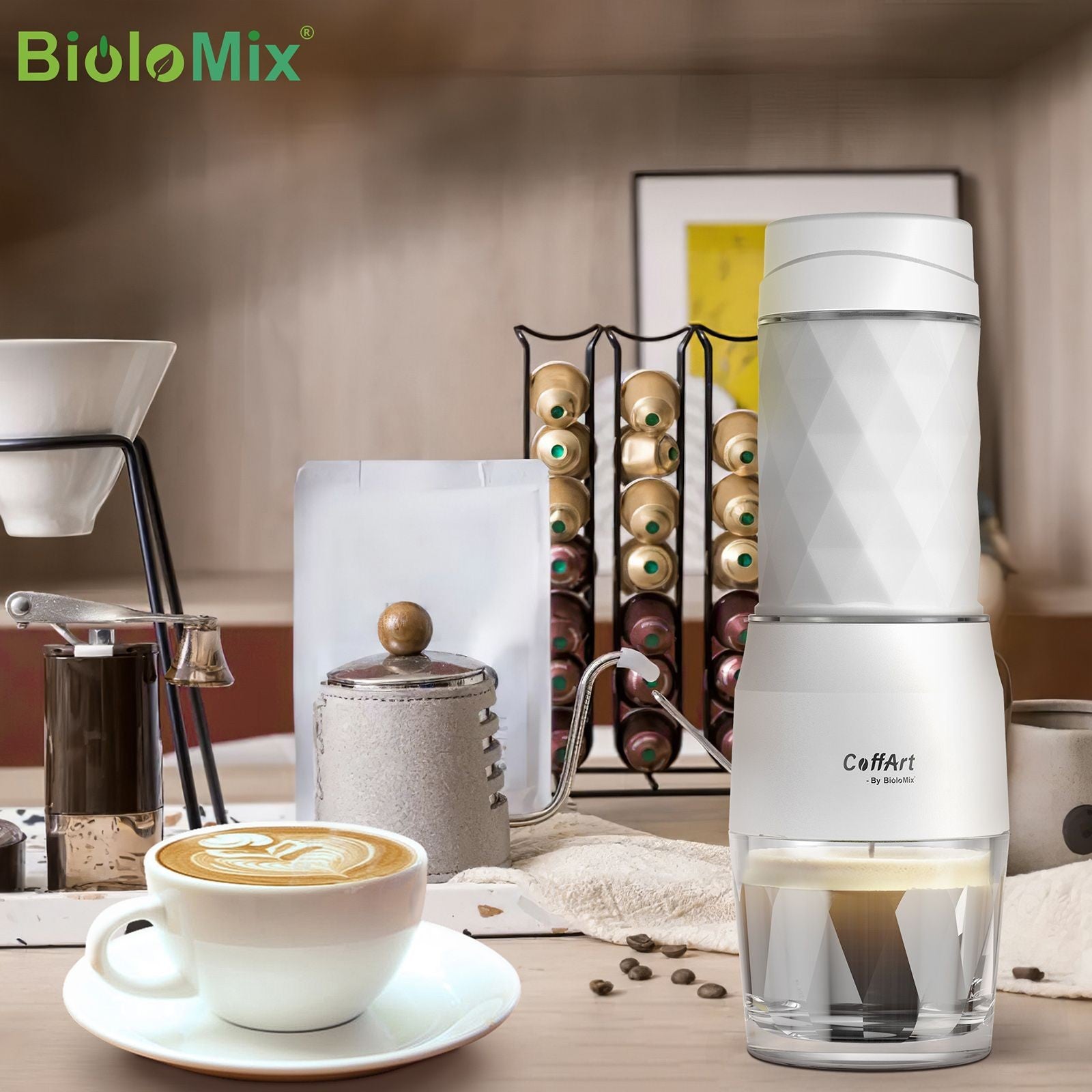 Cafetera Portátil BioloMix HS8439, Cafetera de Cápsulas y Café Molido con Presión Manual de 13-18 Bar, Depósito de Agua de 80 ml, para Viajes y Picnic - Negra